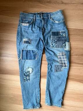 Lauren Ralph Lauren Patchwork Relaxed Tapered Sashiko Indigo Jeans inseam 28